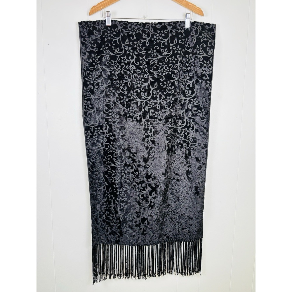 Worthington Burnt Out Black Velvet Scarf Leaf Design Black Tassel Fringe 72x21